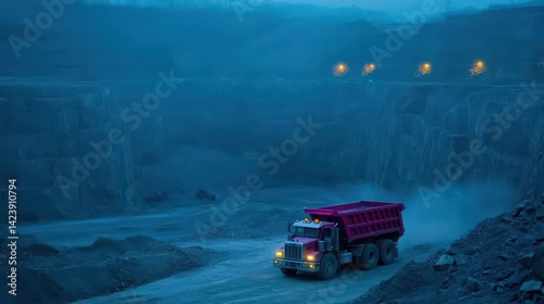 Heavy Dump Truck Navigating Rugged Terrain of an Active Coal Mine Surrounded by Dusty Landscape and Industrial Machinery under a Clear Blue Sky photo