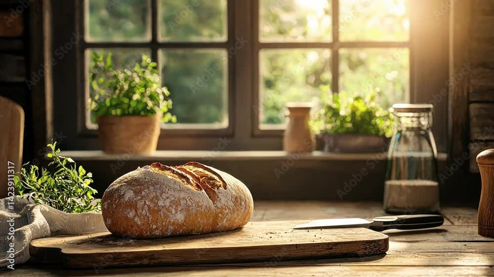 Freshly baked bread on a rustic kitchen table