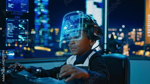 Young boy immersed in augmented reality gaming, wearing high tech headset and headphones, playing with joystick near window overlooking illuminated nighttime cityscape