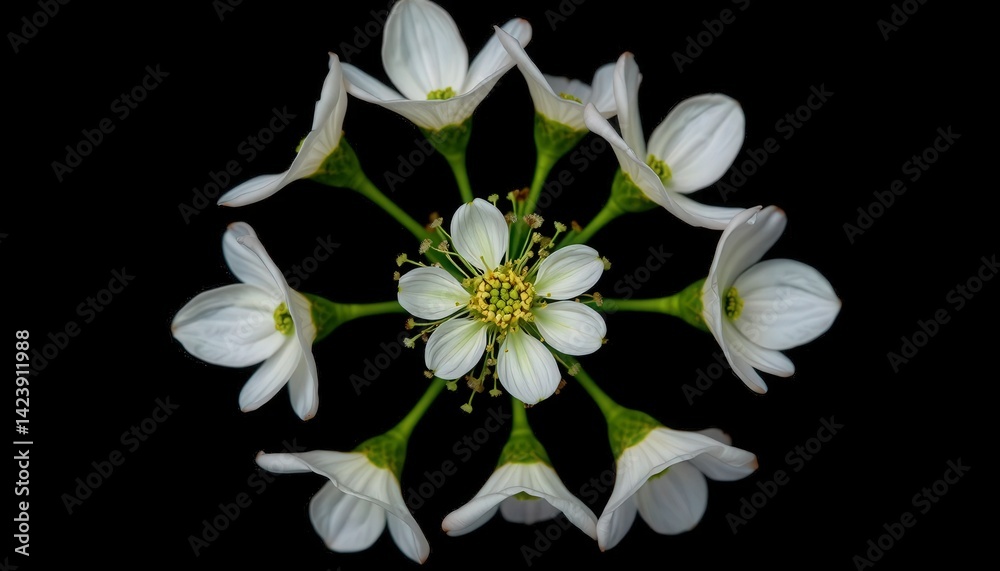 Obraz premium Beautiful White Flowers in Symmetrical Arrangement on Black Background