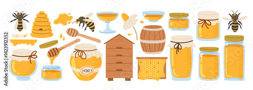 Diverse honey products and bees in an illustrated layout showcasing sweetness and nature