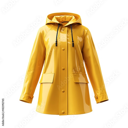 realistic yellow raincoat with a glossy finish isolated on a clean white background perfect for rainy weather fashion, outerwear, and waterproof clothing visuals 