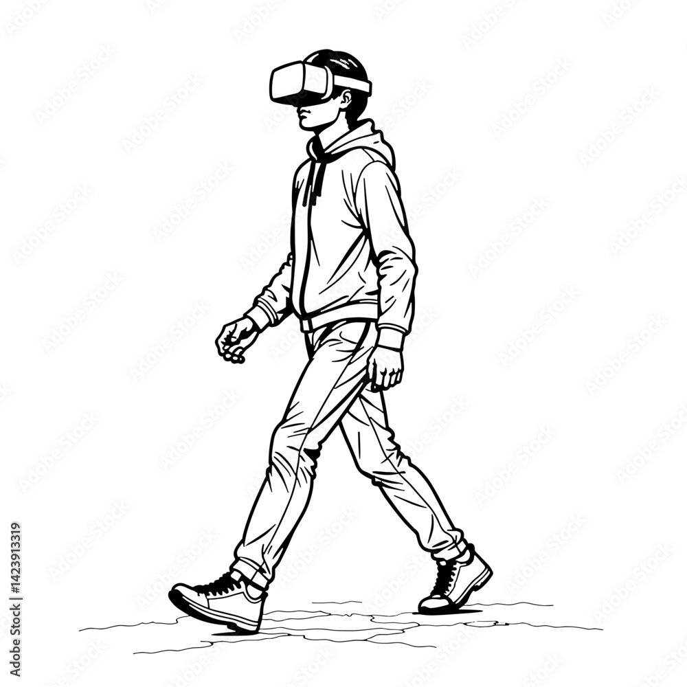 Fototapeta premium Walking avatar in VR world grid, exploring virtual reality