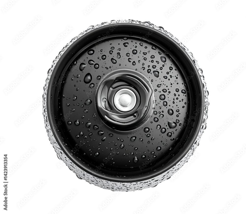 Obraz premium Close-up of the top view of a soft drink can with a black rubber knurled rim, isolated on Png Format and Transparent Background