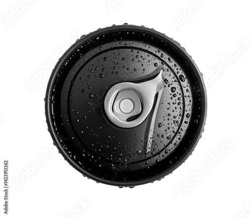  Close-up of the top view of a soft drink can with a black rubber knurled rim, isolated on Png Format and Transparent Background