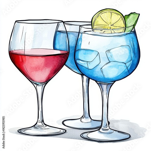 Watercolor Wine Glasses with Red and Blue Beverages Lemon and Ice Illustration