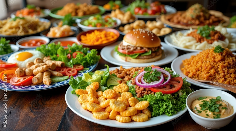 Delicious assortment of food, A vibrant spread of diverse dishes, featuring burgers, salads, and various side dishes, showcasing a feast of colors and textures. Delicious assortment of food, A vibrant spread of diverse dishes, featuring burgers, salads, and various side dishes, showcasing a feast of colors and textures.