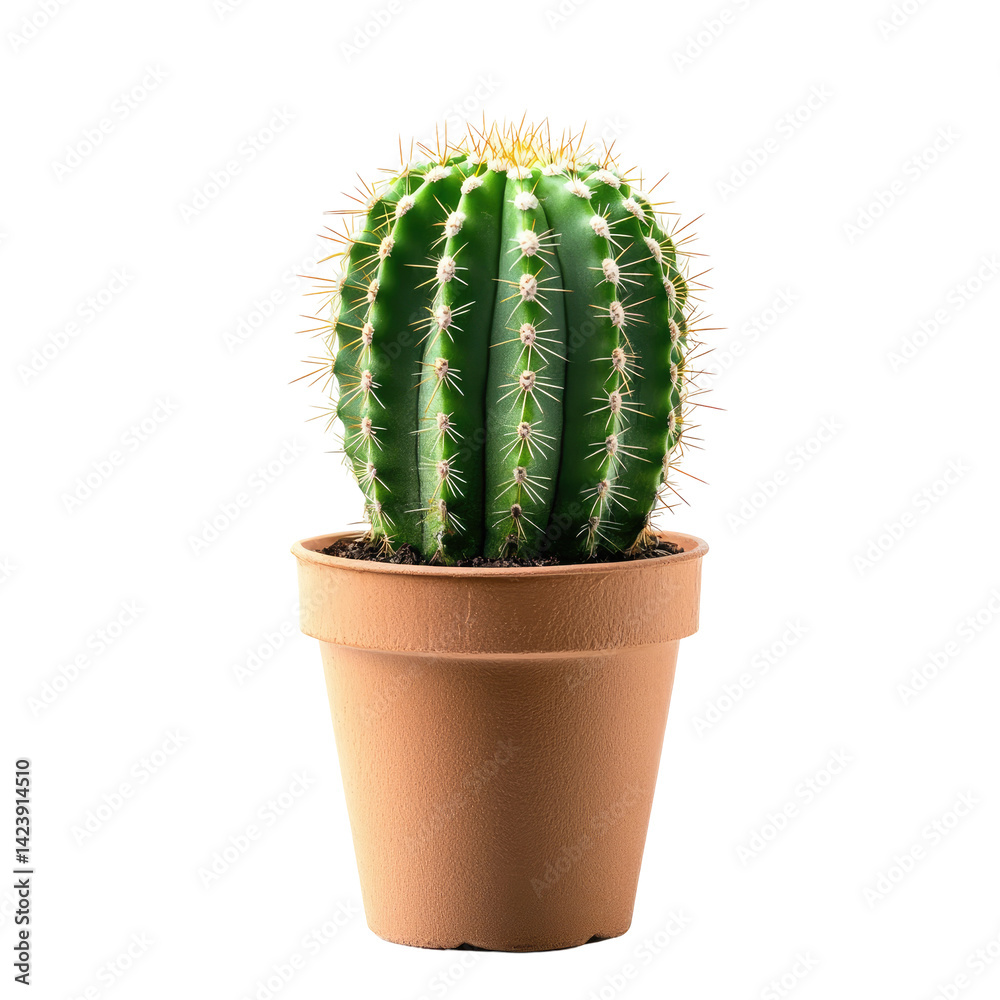 A vibrant green cactus in a terracotta pot. Detailed spines, ribbed texture, and a healthy appearance A vibrant green cactus in a terracotta pot. Detailed spines, ribbed texture, and a healthy appearance