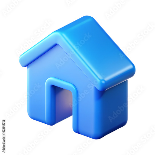 3D Blue House Icon – Close-Up Realistic Home Symbol Isolated on White Background