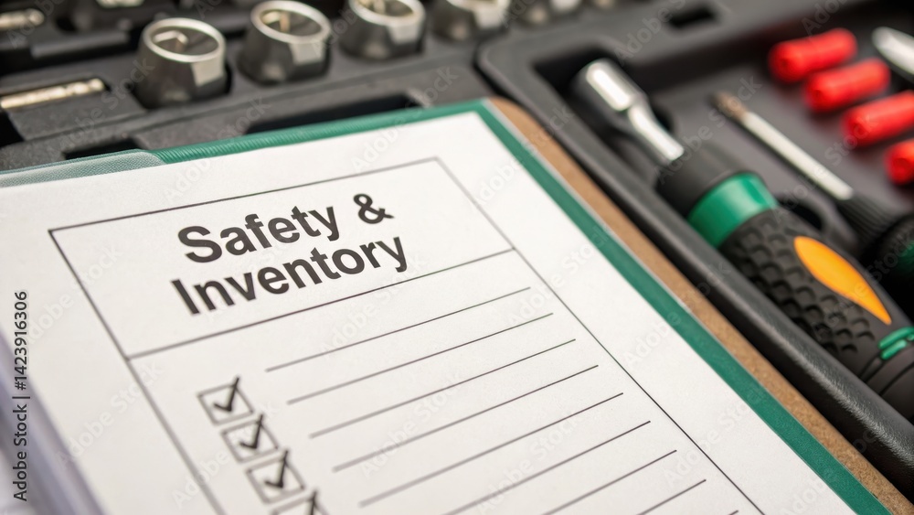 Naklejka premium equipment checklist inventory safety Concept. Safety checklist on a workbench with tools and inventory items visible.