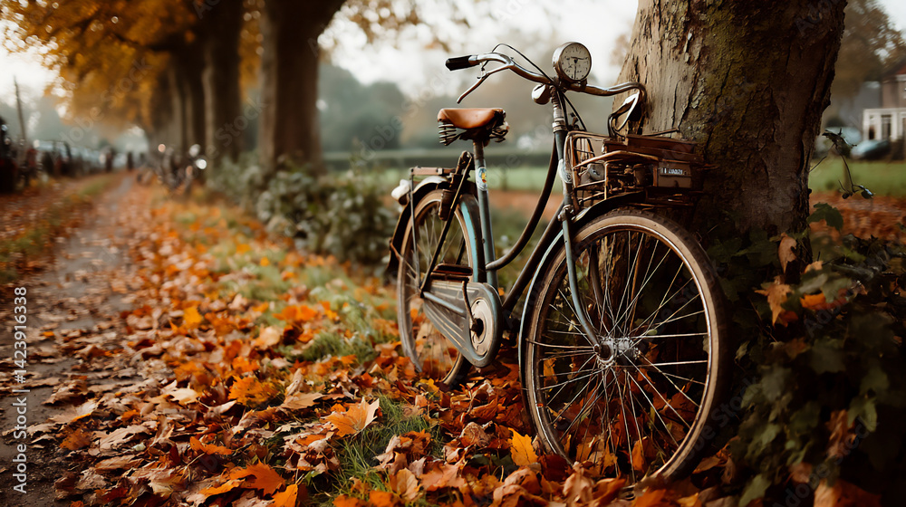 Fototapeta premium empty bicycle leaning against a tree with fall leaves (autumn),