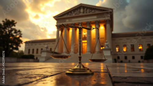 symbol of justice, scale balances in front of grand courthouse at sunset, reflecting importance of law and order