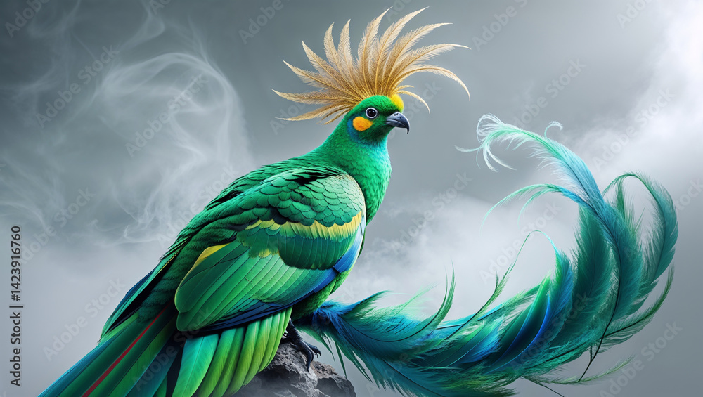 Obraz premium Elegant green bird with golden crest feathers and teal plume tail