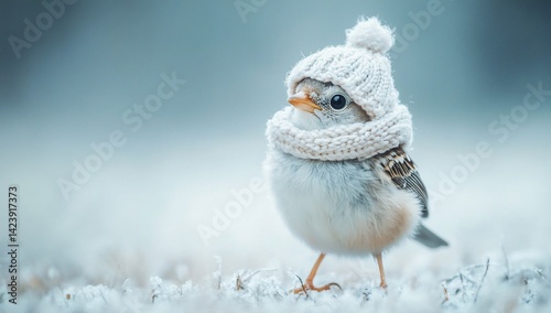 Cute bird in winter hat and scarf in snowy landscape. Possible use Social media post, greeting card photo
