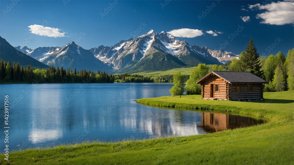 Fototapeta premium Rustic Cabin by a Lake Under Mountain Peaks and Clear Blue Sky