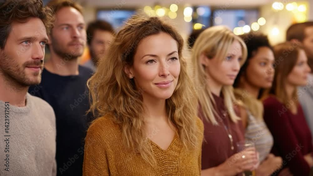 Crowd of people watching with bright smiles at a gathering Crowd of people watching with bright smiles at a gathering
