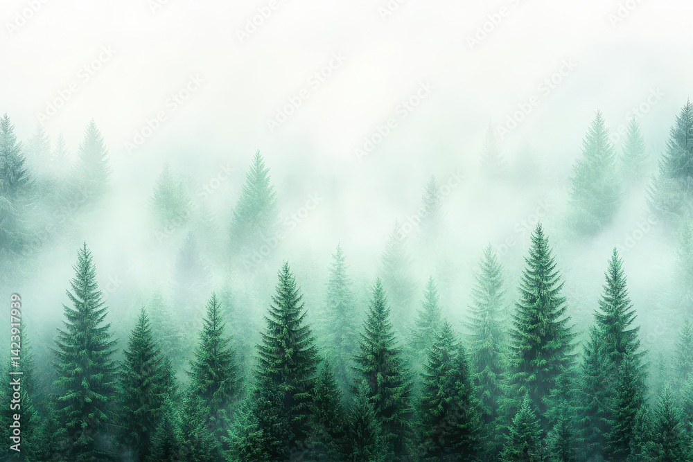 Fototapeta premium Mysterious Forest Shrouded in Soft Fog with Towering Trees Creating an Enigmatic Atmosphere Inviting Exploration into Nature's Embrace