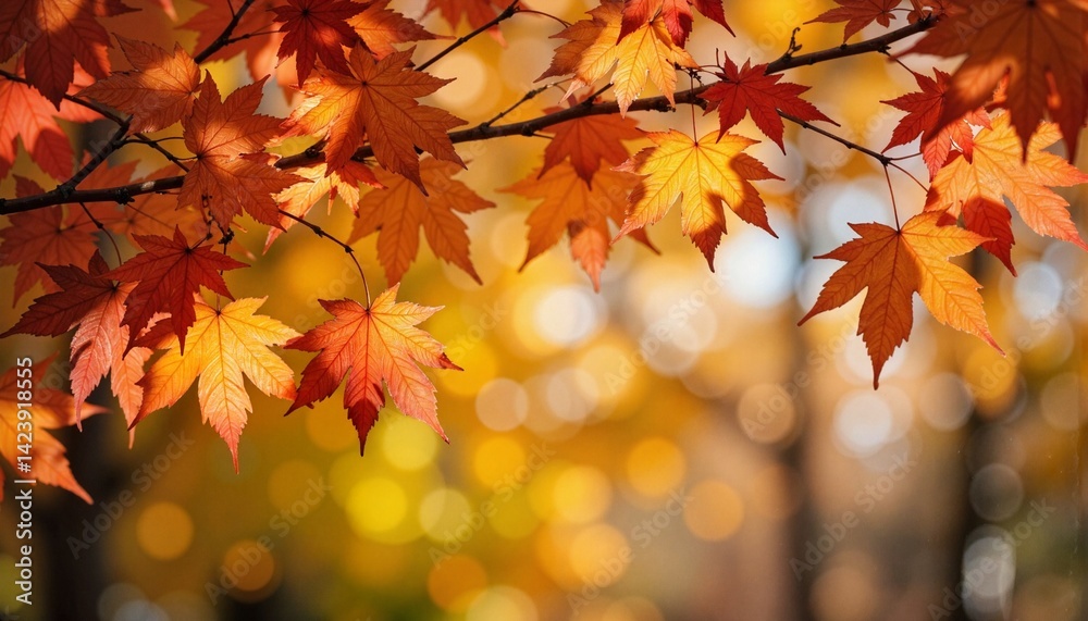 Autumn leaves gently swaying on vibrant blurred background