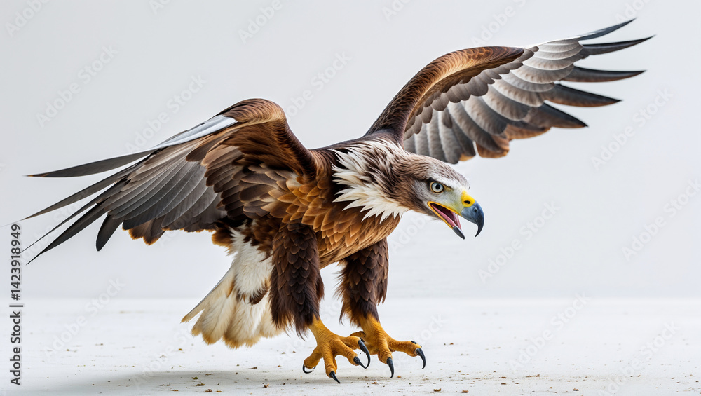 Fototapeta premium Majestic golden eagle spreading wings preparing to land against a white background