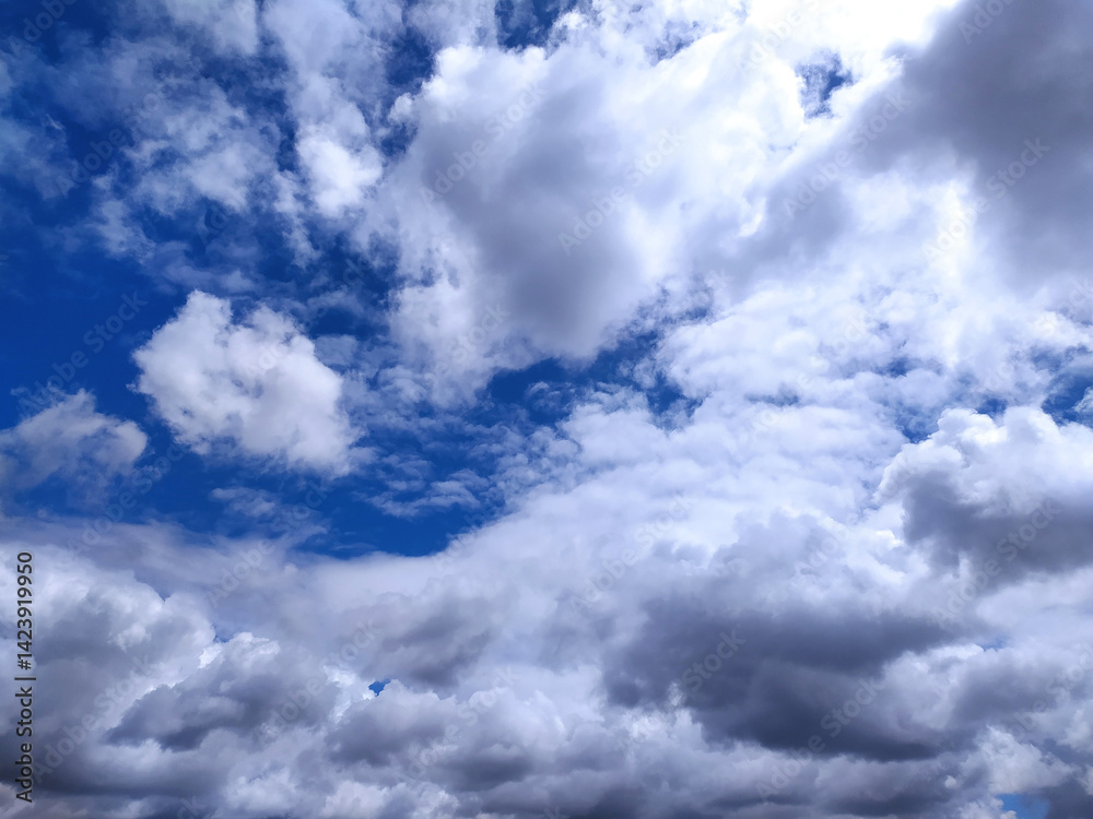 Fototapeta premium Dramatic sky with fluffy clouds against a deep blue backdrop. Evokes feelings of hope, freedom, and peace. Ideal for inspirational or environmental themes.