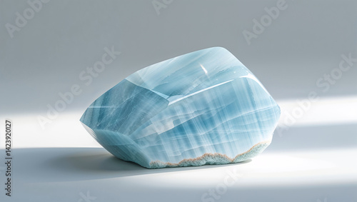 Polished blue calcite crystal stone specimen mineral specimen on neutral background