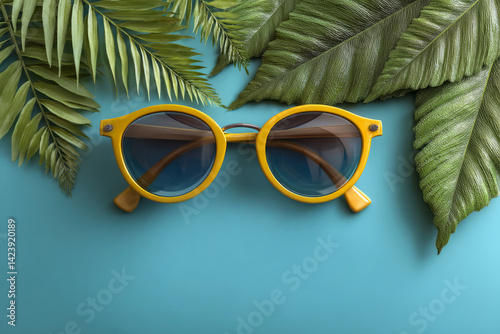 Stylish Round Sunglasses Surrounded by Tropical Green Leaves on Vibrant Blue Background