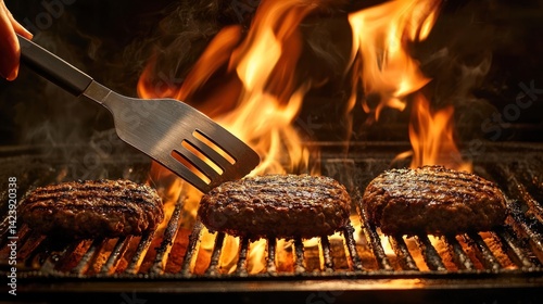 A person grilling burgers outdoors and using a spatula to turn the patties on the barbecue
