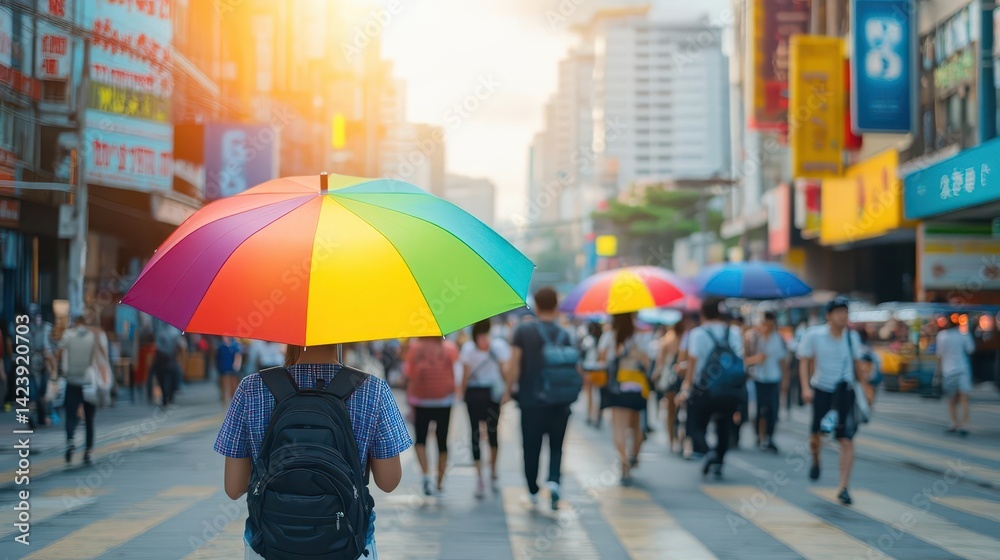 Obraz premium A solitary figure strolls down a rain-soaked street holding a vibrant umbrella creating a lively yet contemplative urban scene in soft light