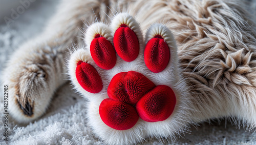 Close Up Detail Of A Relaxed Cute Cat Paw With Red Pads photo