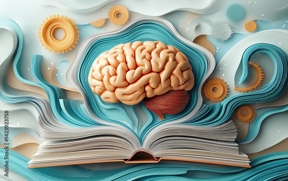 Glowing brain above open book, knowledge concept.