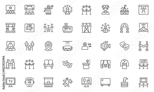 Show line icons set. Entertainment, leisure, performance. Concert, cinema, circus. Outline icon set
