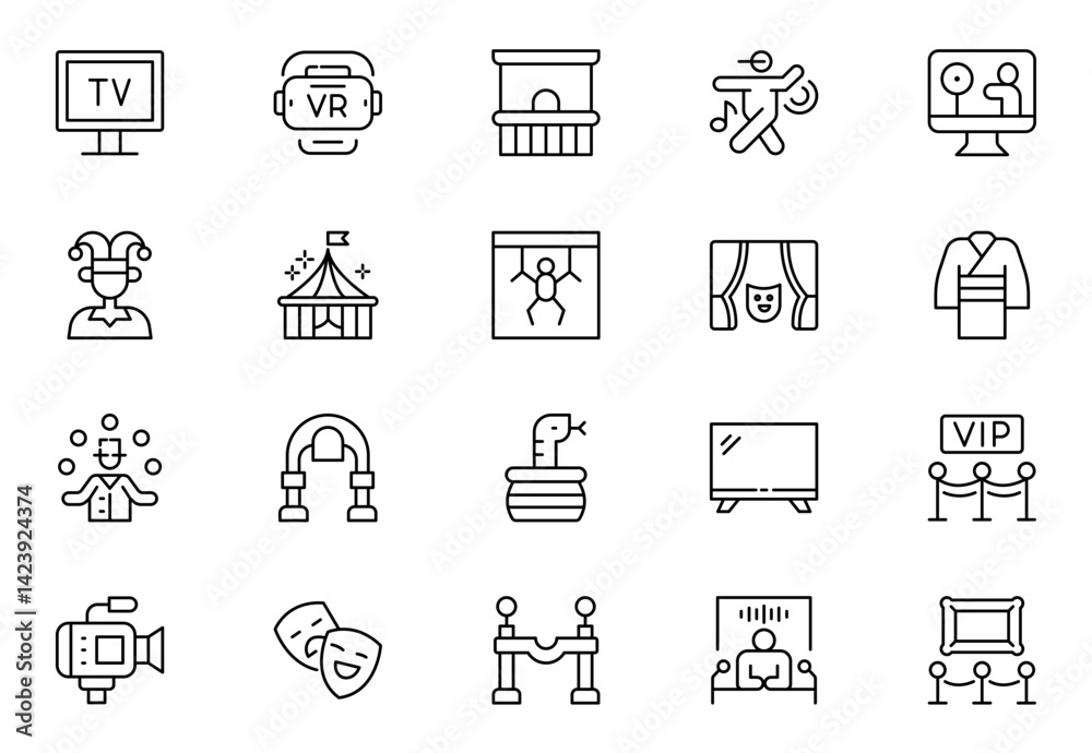 Show line icons set. Entertainment, leisure, performance. Concert, cinema, circus. Outline icon set Show line icons set. Entertainment, leisure, performance. Concert, cinema, circus. Outline icon set