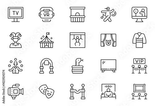 Show line icons set. Entertainment, leisure, performance. Concert, cinema, circus. Outline icon set