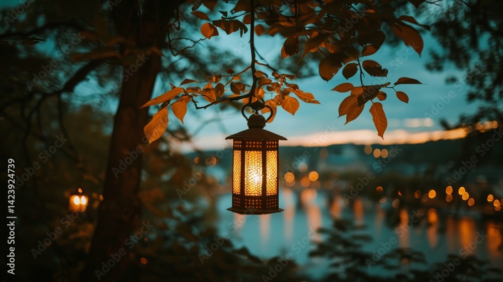 Enchanting backyard ambiance with soft evening lights creating a festive atmosphere Enchanting backyard ambiance with soft evening lights creating a festive atmosphere