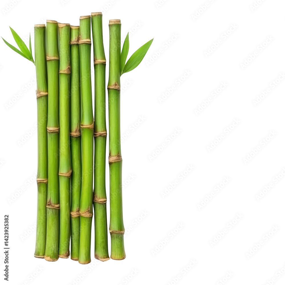 Obraz premium cluster of vibrant green bamboo stalks with fresh leaves, showcasing natural beauty and growth. bamboo is arranged vertically, symbolizing strength and flexibility
