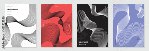 Abstract line wave gradient poster background vector set. Cover template with vibrant perspective line wave in motion. Ideal design for social media, cover, banner, flyer, music, ads.