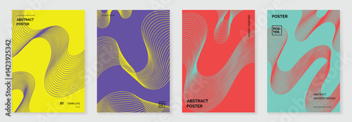 Abstract line wave gradient poster background vector set. Cover template with vibrant perspective line wave in motion. Ideal design for social media, cover, banner, flyer, music, ads.