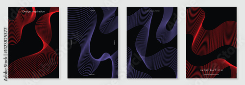 Abstract line wave gradient poster background vector set. Cover template with vibrant perspective line wave in motion. Ideal design for social media, cover, banner, flyer, music, ads.