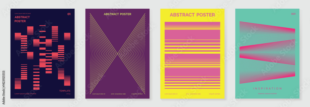 Abstract line wave gradient poster background vector set. Cover template with vibrant perspective line wave in motion. Ideal design for social media, cover, banner, flyer, music, ads.