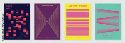 Abstract line wave gradient poster background vector set. Cover template with vibrant perspective line wave in motion. Ideal design for social media, cover, banner, flyer, music, ads.