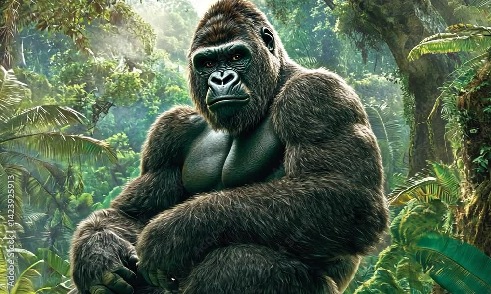 Powerful gorilla in lush jungle setting. Powerful gorilla in lush jungle setting.