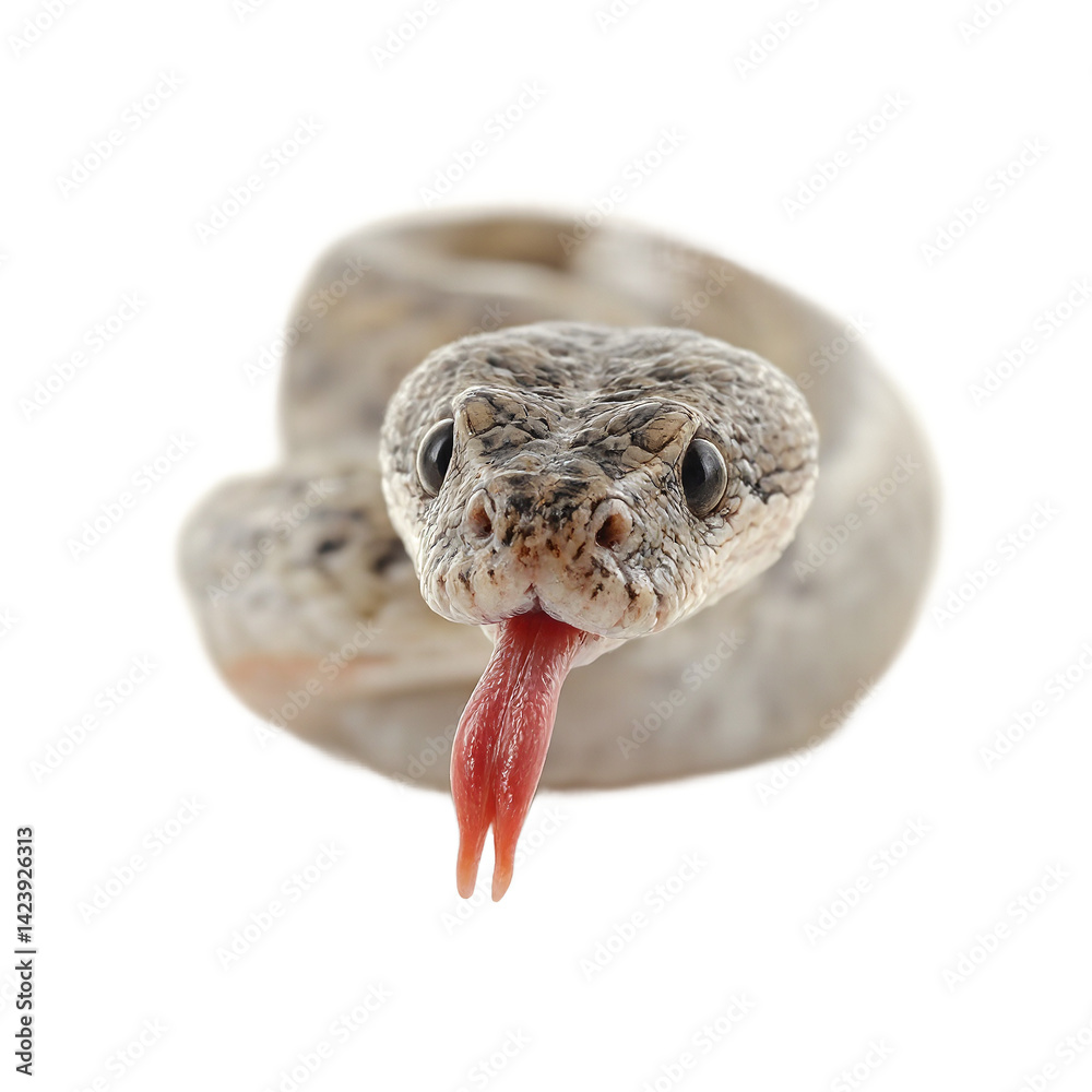 Isolated goofy snake headshot with tongue flicking centered on white