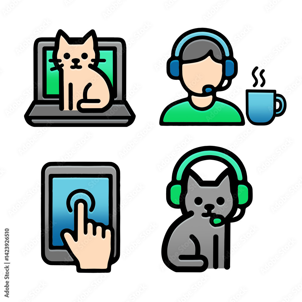 A set of cozy and cute vector icons about working from home with a pet cat. Includes a cat lying on a laptop, a cat in headphones, and a relaxed home office atmosphere. Soft green, grey, and blue A set of cozy and cute vector icons about working from home with a pet cat. Includes a cat lying on a laptop, a cat in headphones, and a relaxed home office atmosphere. Soft green, grey, and blue