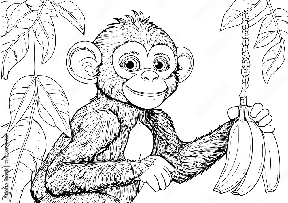 Fototapeta premium Coloring page of a monkey in a banana tree