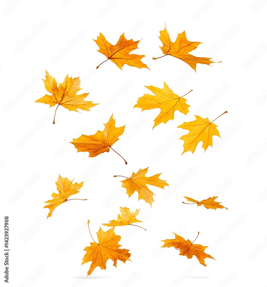 Falling autumn yellow maple leaves isolated on a white background Falling autumn yellow maple leaves isolated on a white background