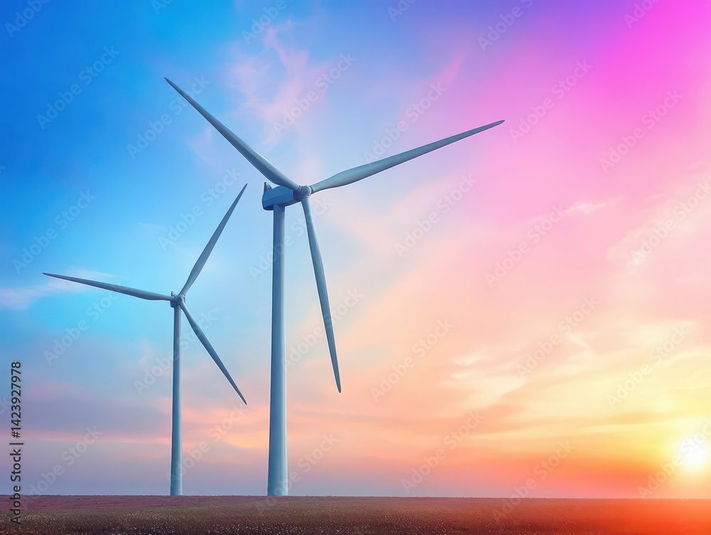 Obraz premium Breathtaking Sunset Illuminating Wind Turbines in Expansive Green Field Creating a Harmonious Blend of Nature and Renewable Energy in Tranquil Scenery