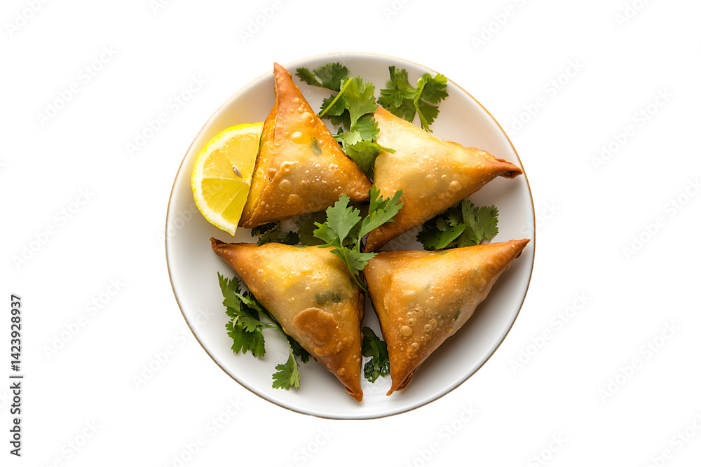 Delicious Samosas on a Plate with Lemon and Cilantro Delicious Samosas on a Plate with Lemon and Cilantro