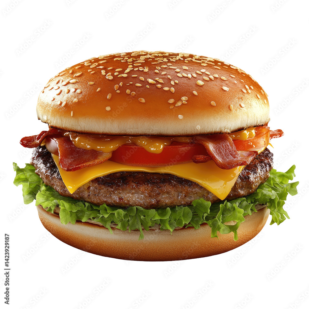 Delicious burger with bacon, cheese, and tomato