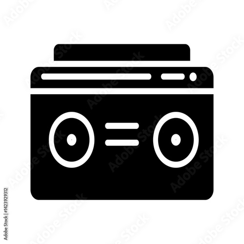 Yellow 3d boom box column, render style cubes with sound amplifyer and notes, monochrome