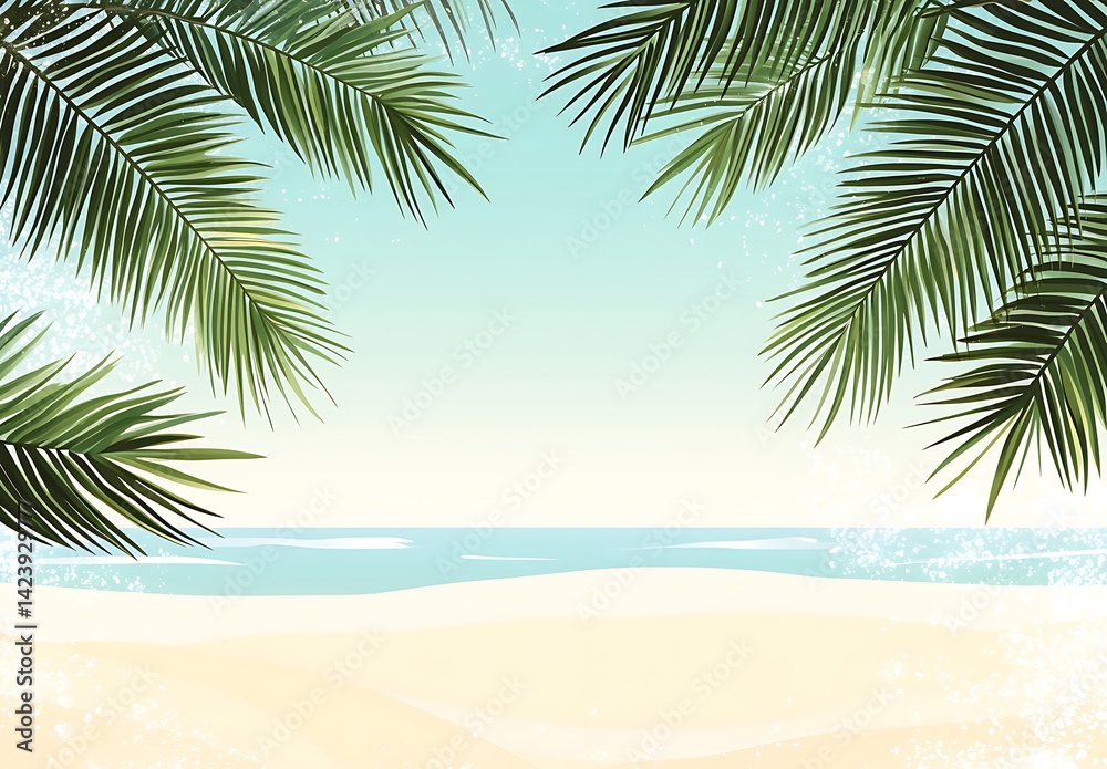 Fototapeta premium Minimalist beach background with palm leaves